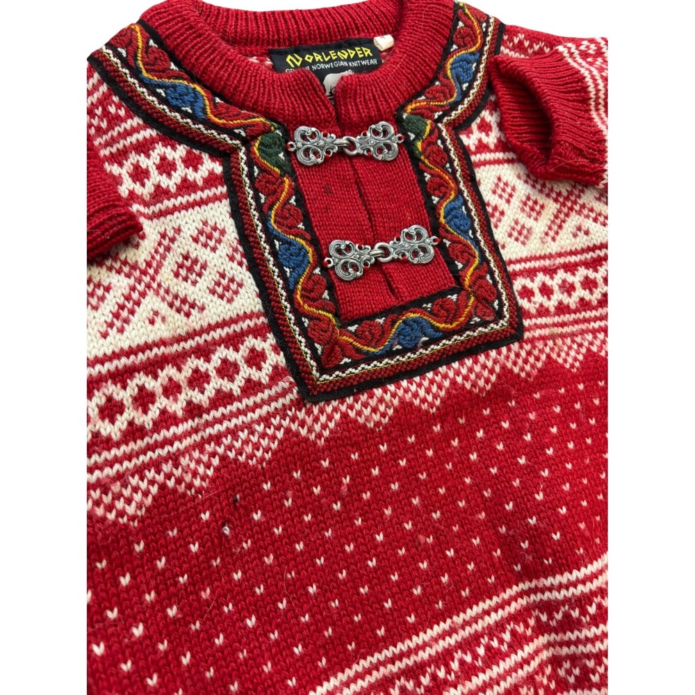 Norlender Norwegian Knit Sweater Kids 4 Red Good Fair Isle Wool Pewter Clasps‎